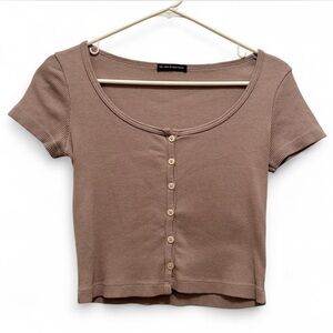 Brandy Melville Taupe Ribbed Button-Up Crop Top
